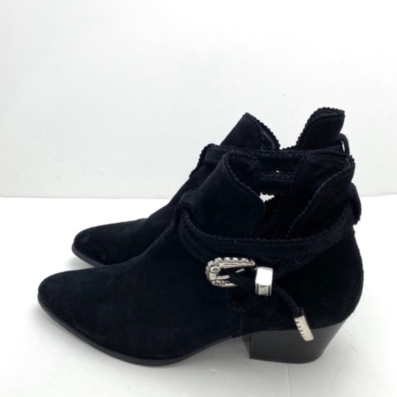 SANDRO Western Buckled Cutout Pointed Toe Suede Ankle Bootie Black Size 8 - Picture 5 of 9
